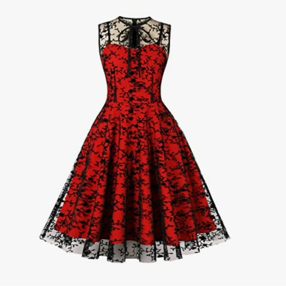 50s Mesh Floral Embroidery Vintage Cocktail Swing Dress